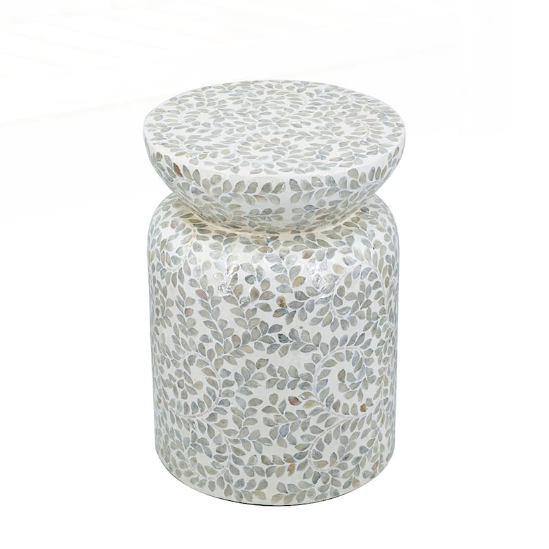 Round Bamboo Accent Table with White Capiz Shell Design