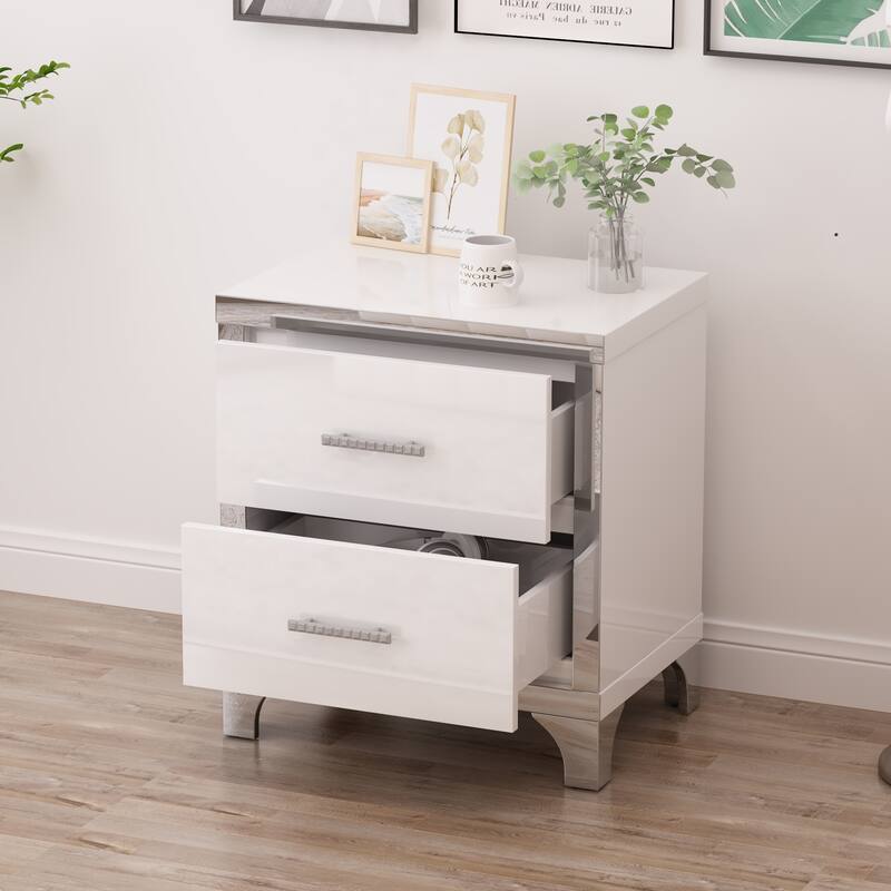 Mirrored Nightstand with 2 Drawers, Elegant High Gloss Bedside Table with Metal Handles and Legs for Bedroom, Living Room