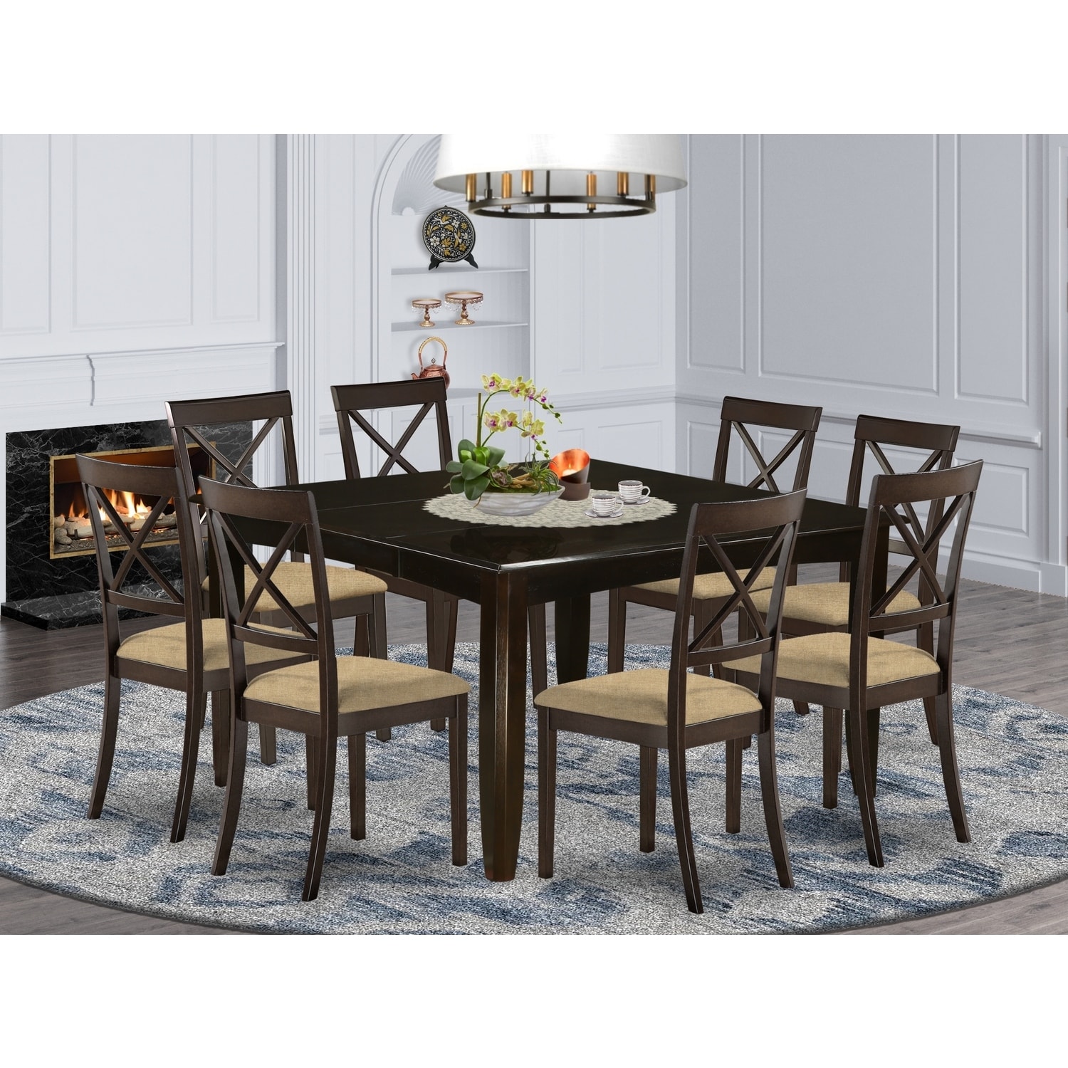 9 Piece Dining Set - Square Table with Butterfly Leaf & 8 Linen Chairs - 54 Inch Cappuccino Finish