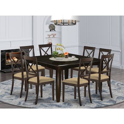 9 Piece Dining Set - Square Table with Butterfly Leaf & 8 Linen Chairs - 54 Inch Cappuccino Finish