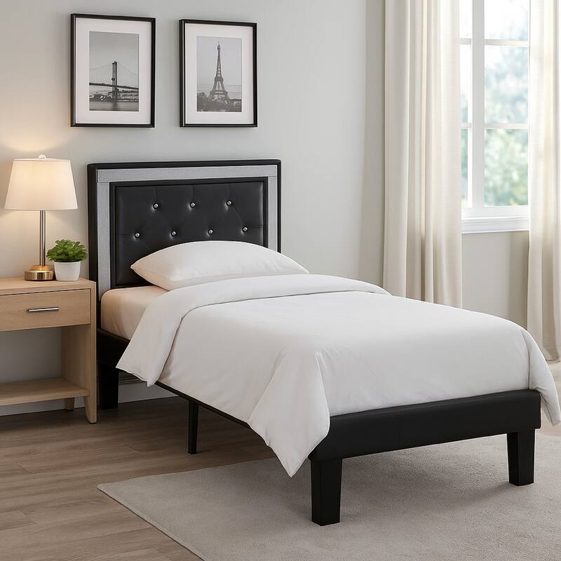 Polyurethane Twin Size Bed In High Headboard In Black
