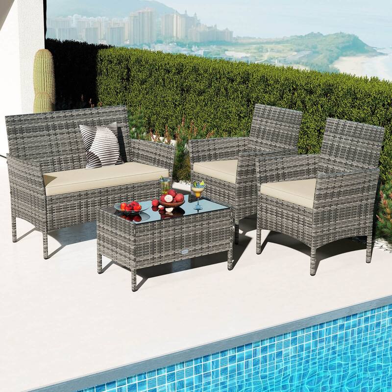 Costway 4 PCS Patio Furniture Set with Washable Cushions and Tempered - 4 PCS