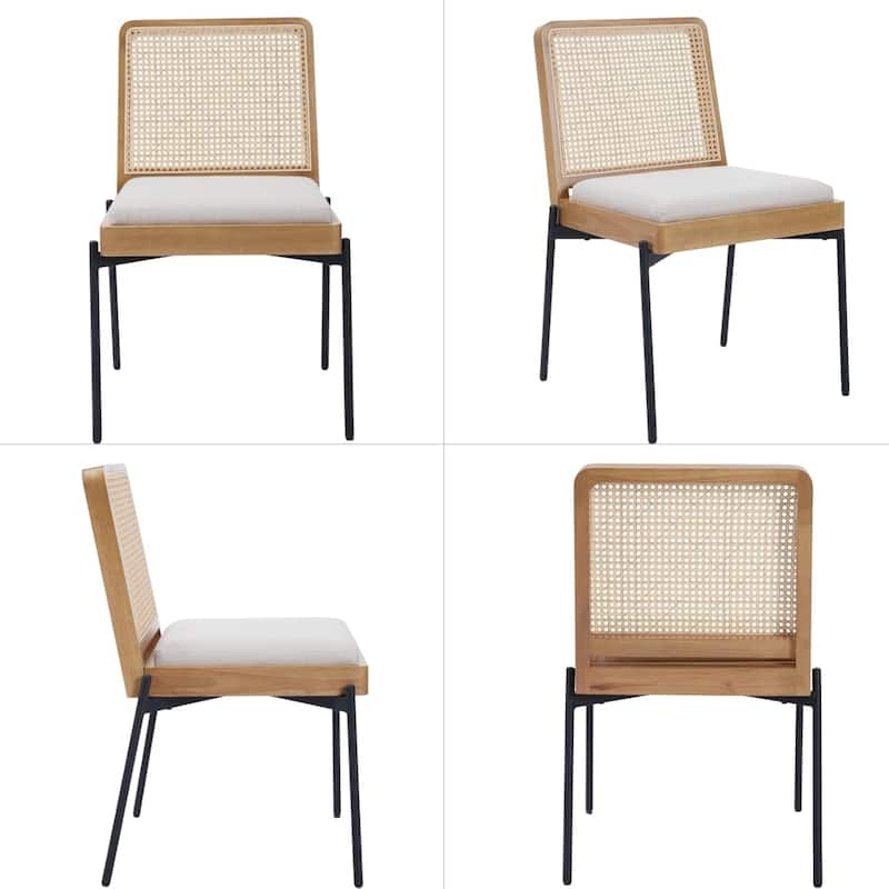 Dining Chairs Set of 2, Accent Linen Fabric Side Chairs with Rattan Backrest Metal Legs Kitchen Chairs for Dining Room