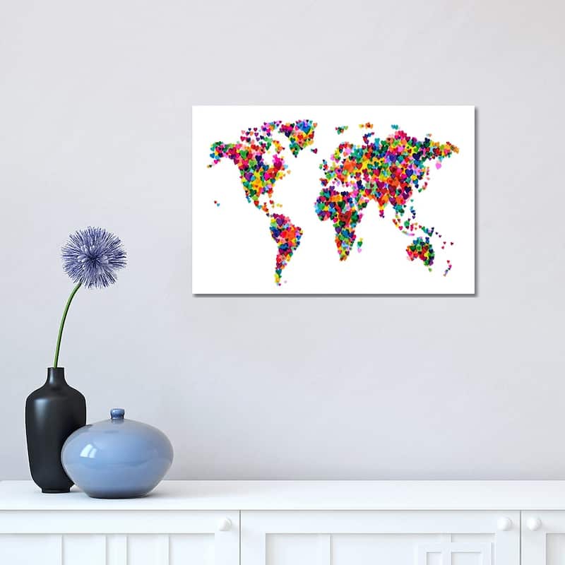 iCanvas "World Map Hearts (Multicolor)" by Michael Tompsett Canvas Print - 12x18x1.5