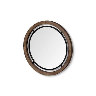 Josi Brown Solid Wood With Black Metal Frame Round Mirror (19") - 19.3L x 1.3W x 19.3H