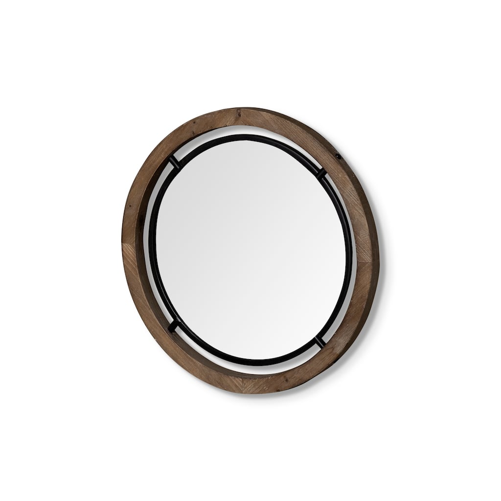 Josi Brown Solid Wood With Black Metal Frame Round Mirror (19") - 19.3L x 1.3W x 19.3H