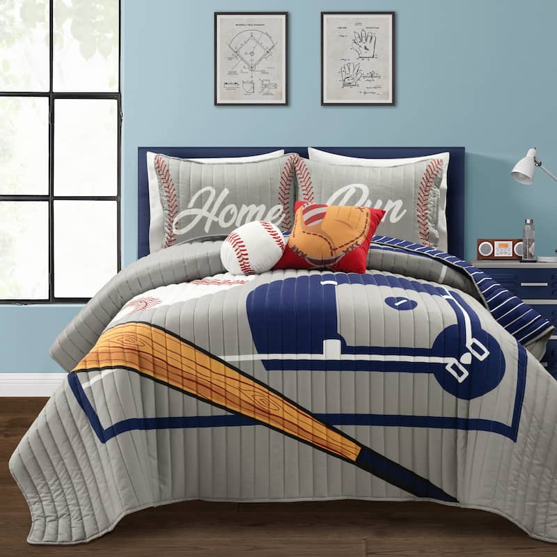 Lush Decor Baseball Game Reversible Oversized Kids Quilt - Gray/Navy - Full - Queen