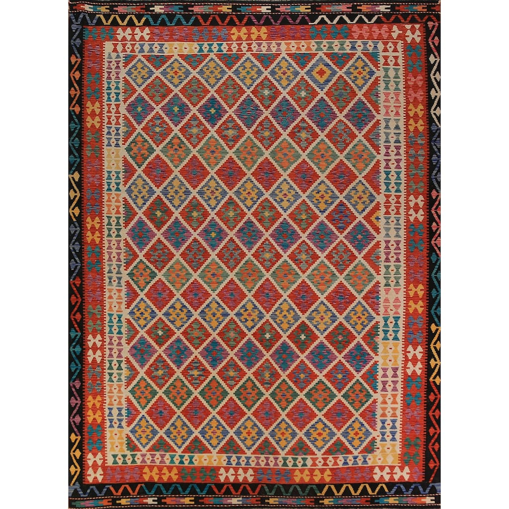 Geometric Trellis Kilim Area Rug Handmade Wool Carpet - 8'8"x 11'4"