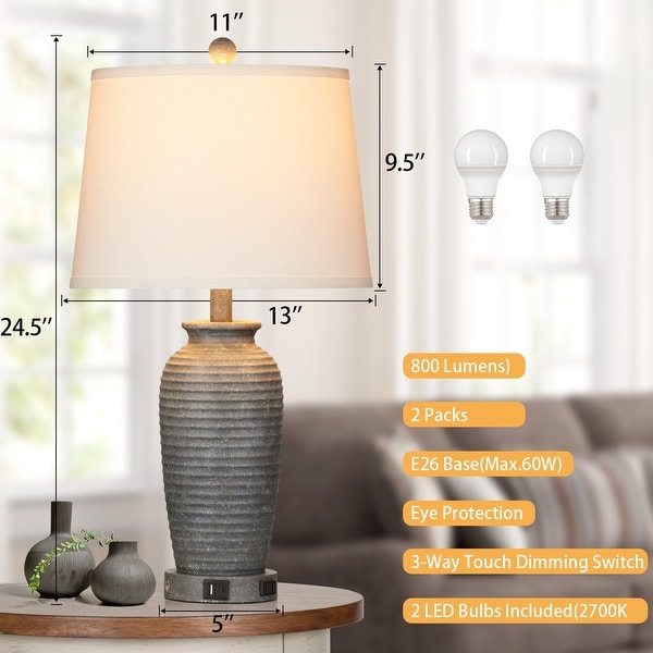 Table Lamp Gray White Resin Touch Dimming Switch USB and Type C Charging Ports No Strobe Set of 2 13 x 13 x 24.5 L x W x H