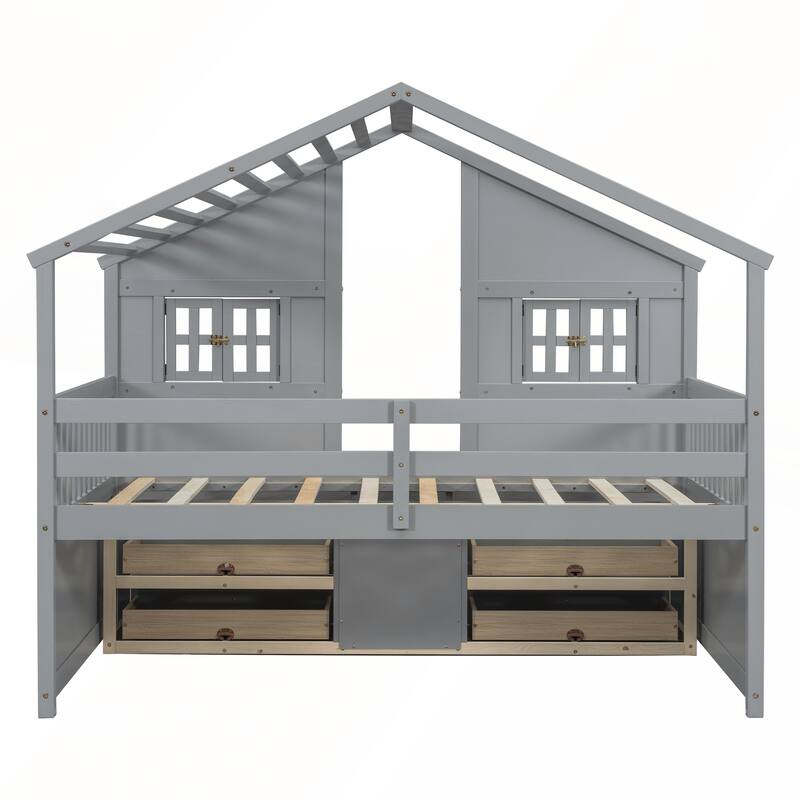 Full Size House Loft Bed with 4 Storage Drawers and Safety Guardrails