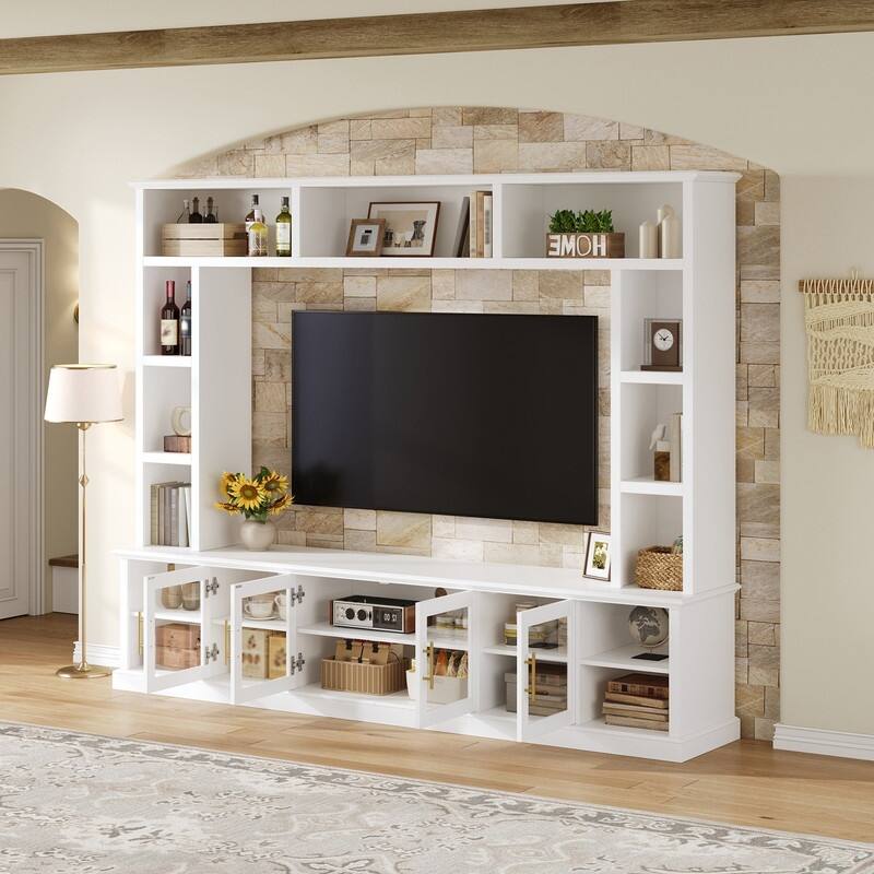 Modern Entertainment Center Wall Unit for TVs up to 80", One-Piece 95.1" TV Console Unit with Bookshelves & Tempered Glass Doors