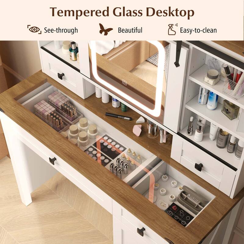 Costway Farmhouse Vanity Desk with Sliding Mirror Makeup Vanity Table - See Details