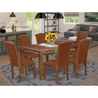 HomeStock 7-Piece Rectangle Mahogany Finish Solid Wood Top Dining Table with 6-Parson Chairs with Lattice Back