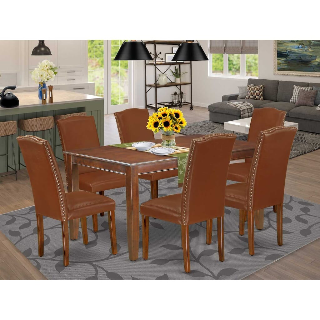 HomeStock 7-Piece Rectangle Mahogany Finish Solid Wood Top Dining Table with 6-Parson Chairs with Lattice Back