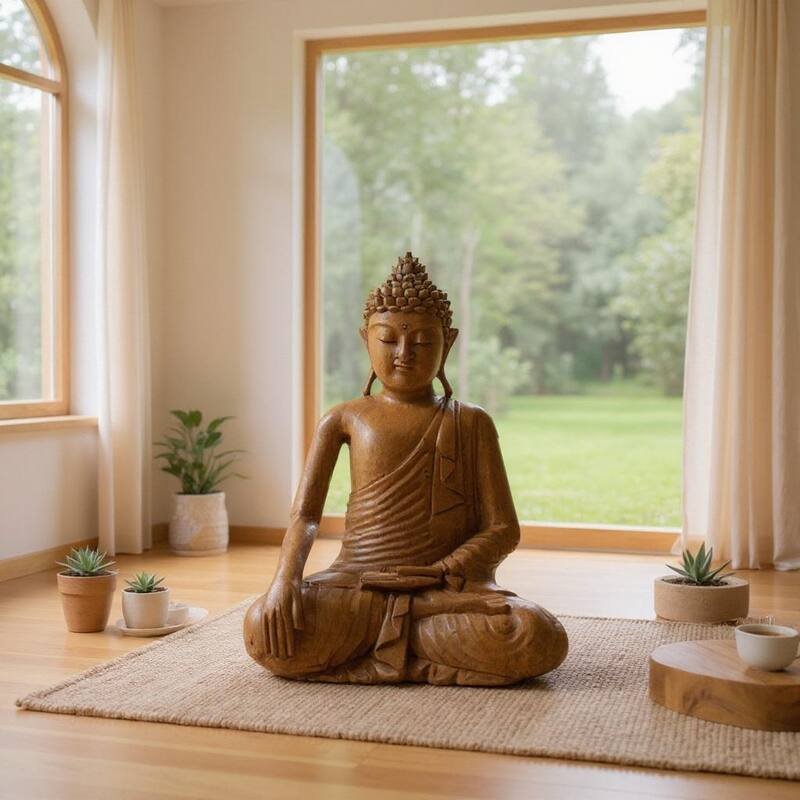 Wood Buddha Statue Hand Carved Earth Touching Mudra Sculpture, Natural Zen Decor