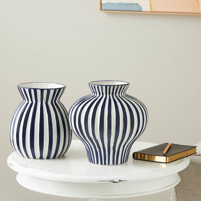Ceramic Striped Rounded Vase with Varying Shapes - Set of 2 Blue - Roche River Decor - 8"W x 8"L x 8"H