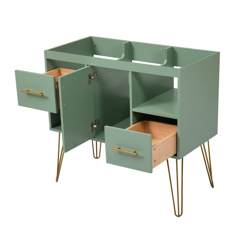 36" Green Bathroom Vanity with Gold Metal Legs, Resin Sink, 2 Drawers & Open Storage Compartments