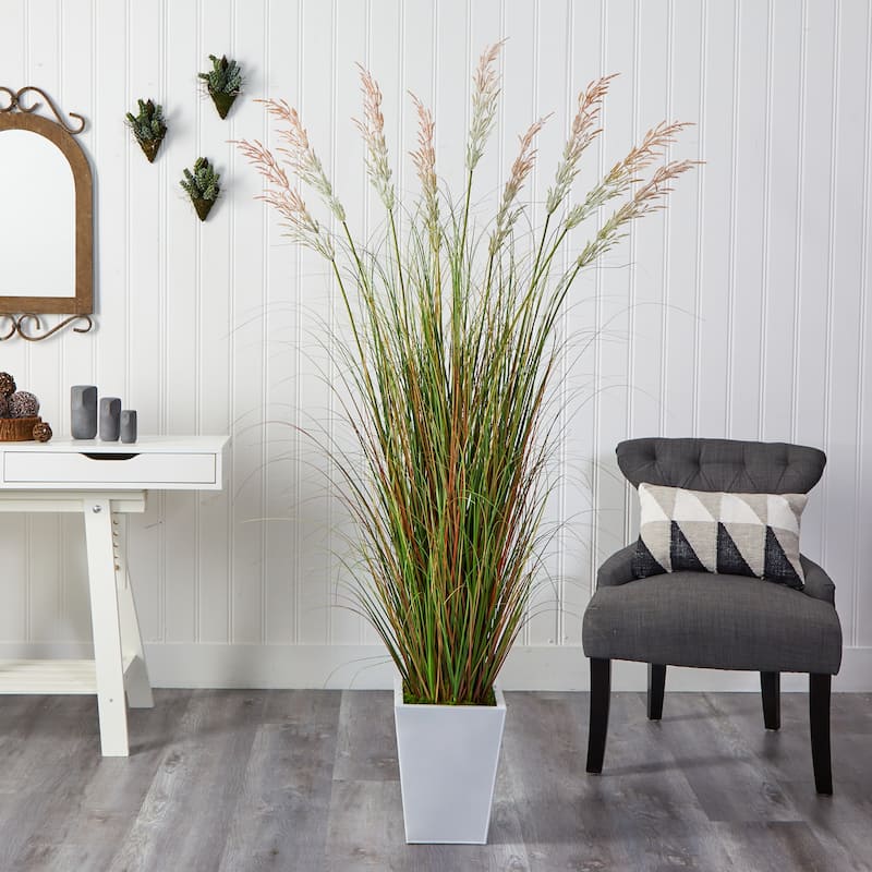 74" Grass Artificial Plant in White Metal Planter - 15"