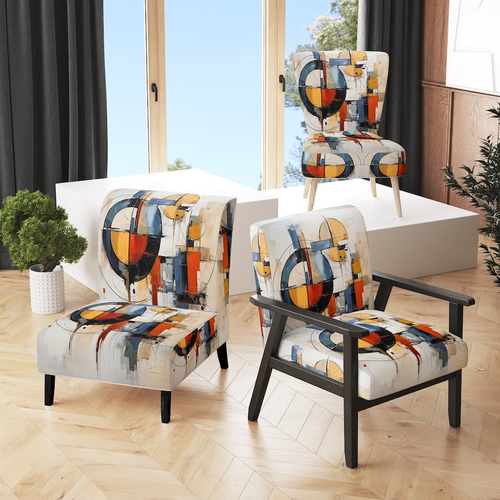 Designart "Colorful Mid Century Abstract Fusion I" Upholstered Mid-century Accent Chair and Mid-Century Modern Arm Chair