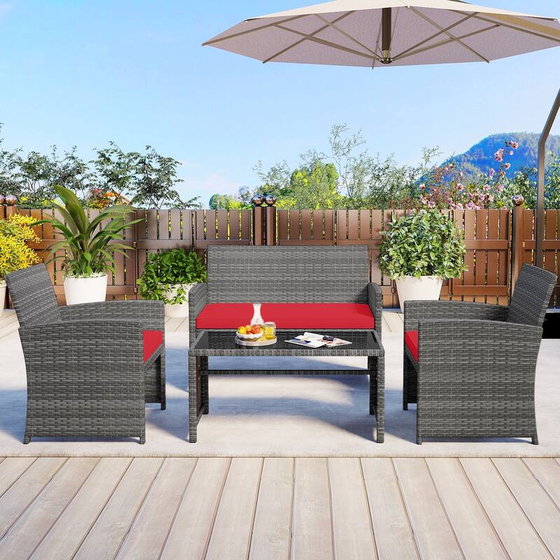 4 Piece Outdoor Patio Furniture Set Mix Gray PE Rattan Loveseat Armchairs and Tempered Glass Coffee Table with Cushions