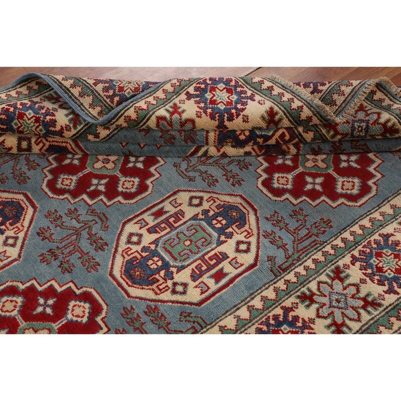 Light Blue Geometric Kazak Rug Hand-Knotted Oriental Wool Carpet - 4'11" x 6'8"