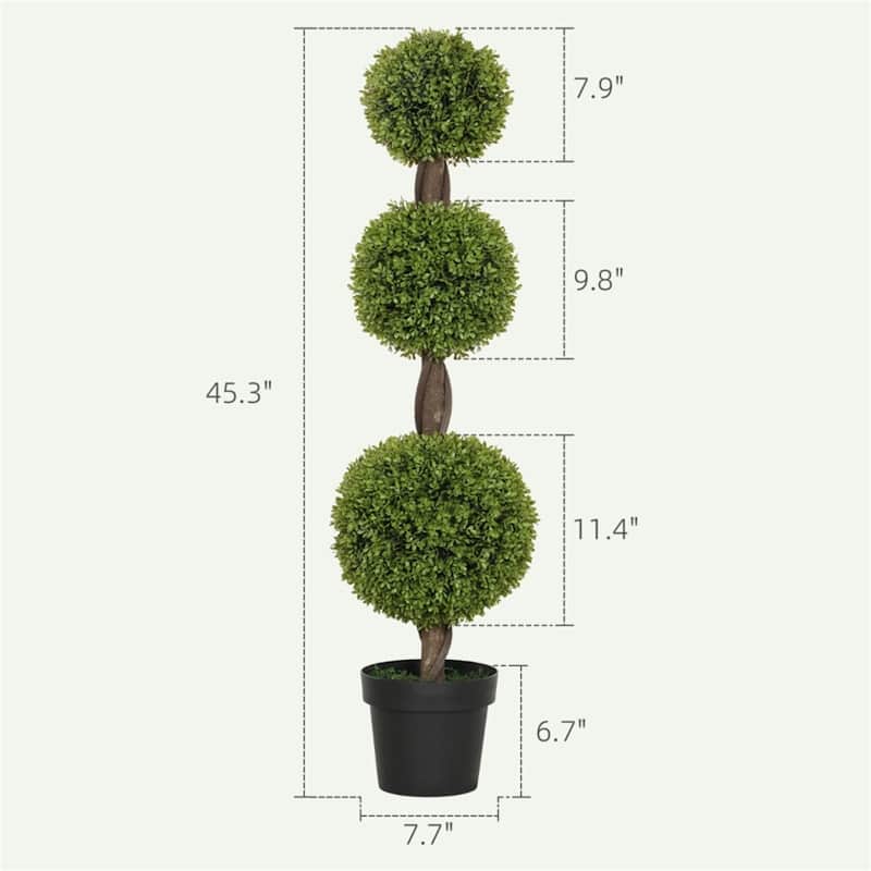 Set of 2 Green Artificial Boxwood Topiary Plants with Three Ball Design and Cement Base for Indoor Outdoor - 7.7" x 45.3"