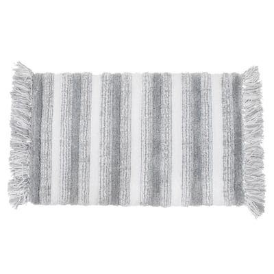 Microfibre Striped Bath Mat With Fringe Silver 20X32