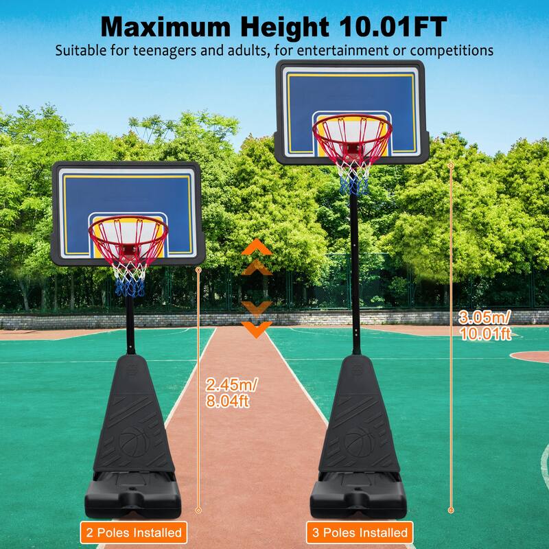 Portable Basketball Hoop with Adjustable Height and Steel Frame PC Backboard for Outdoor Use - 44 x 27.56" (L x W)