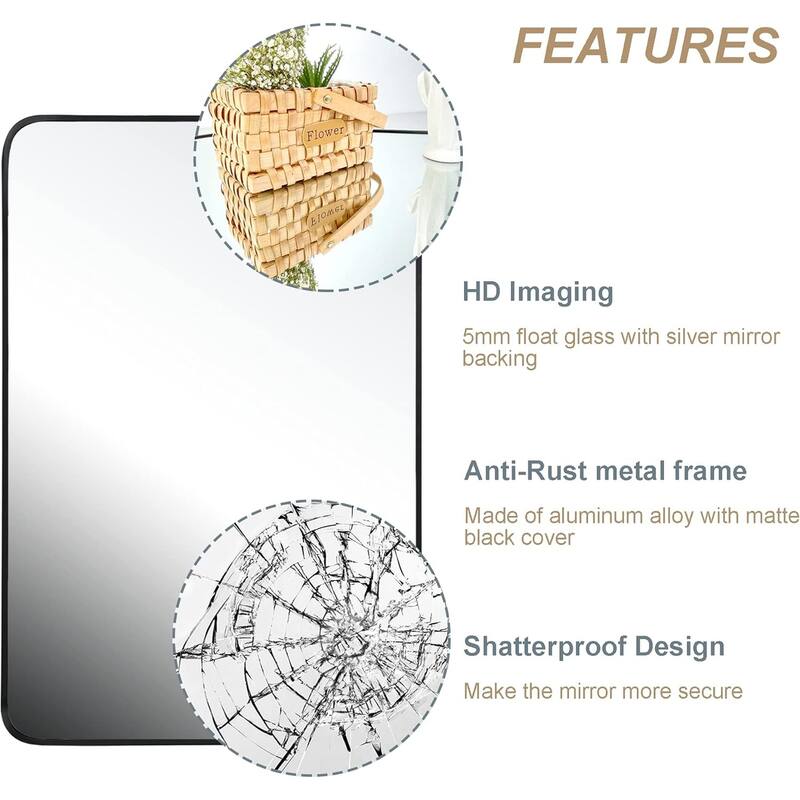 GDFStudio - Everly Contemporary Rectangular Bathroom Vanity Decorative Mirror with Reinforced Wall Mount & Metal Frame