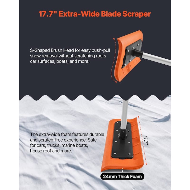 17.7-Inch Foam Blade Roof Snow Rake with Adjustable Aluminum Handle for Easy Snow Removal - 88.58-221.26 x 17.72 x 6.30 in