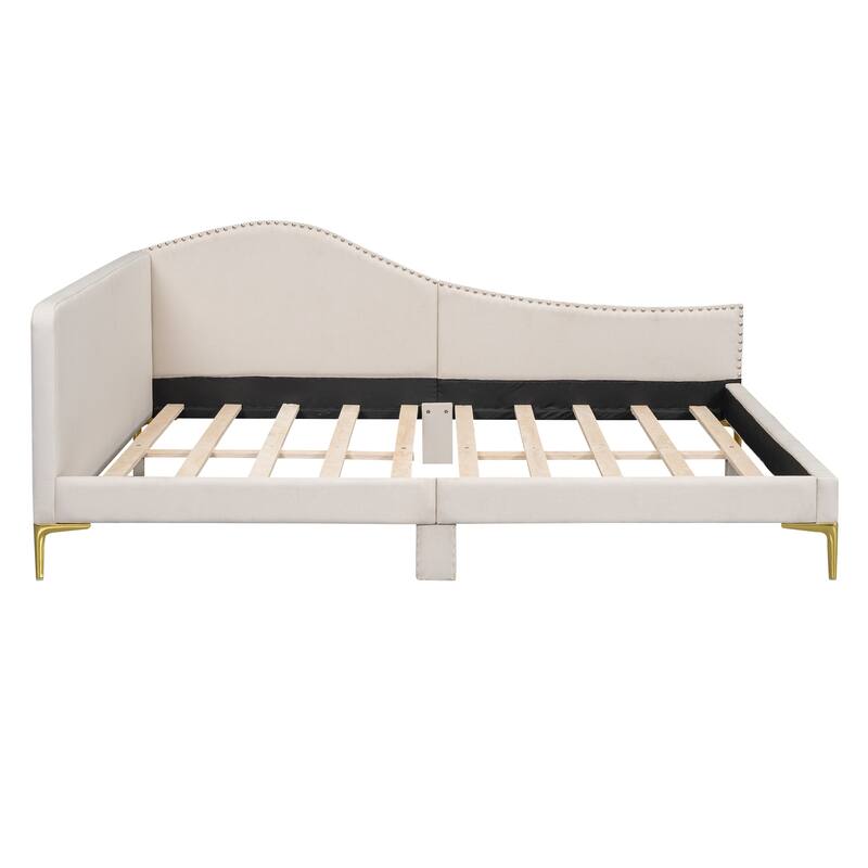 Modern Upholstered Full Size Daybed with Headboard and Armrest, Beige Linen Fabric, Sturdy Wood Frame