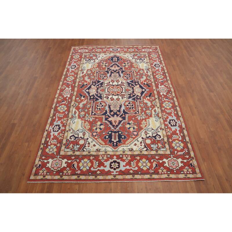 Hand Knotted Oriental 100% Wool Carpet Traditional Medallion Oranges & Rust Heriz (serapi) Area Rug - 9' 0'' X 6' 0''