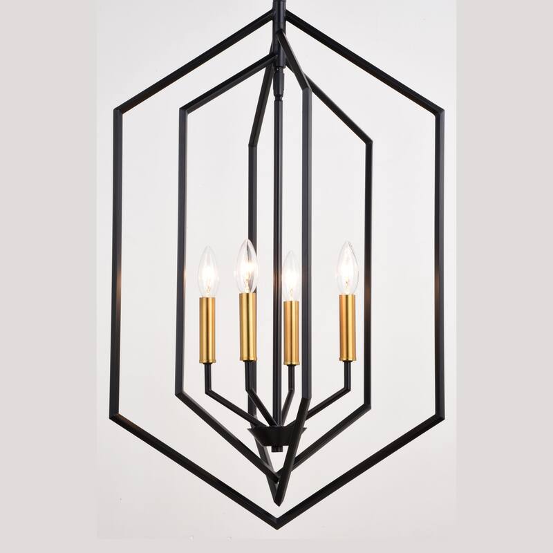 Riley 4 Light Black and Satin Brass Contemporary Geometric Cage Pendant Light - 18-in W x 28.75-in H x 18-in D
