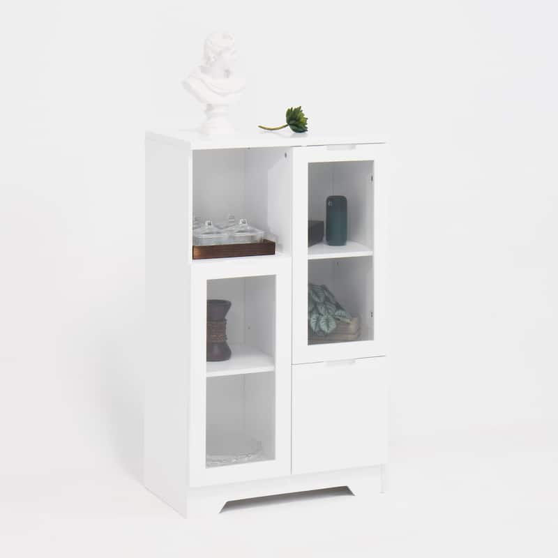 Wooden Floor Cabinet with 2 Glass Doors and 2 Storage Space,White ,Living Room Bathroom Entryway White