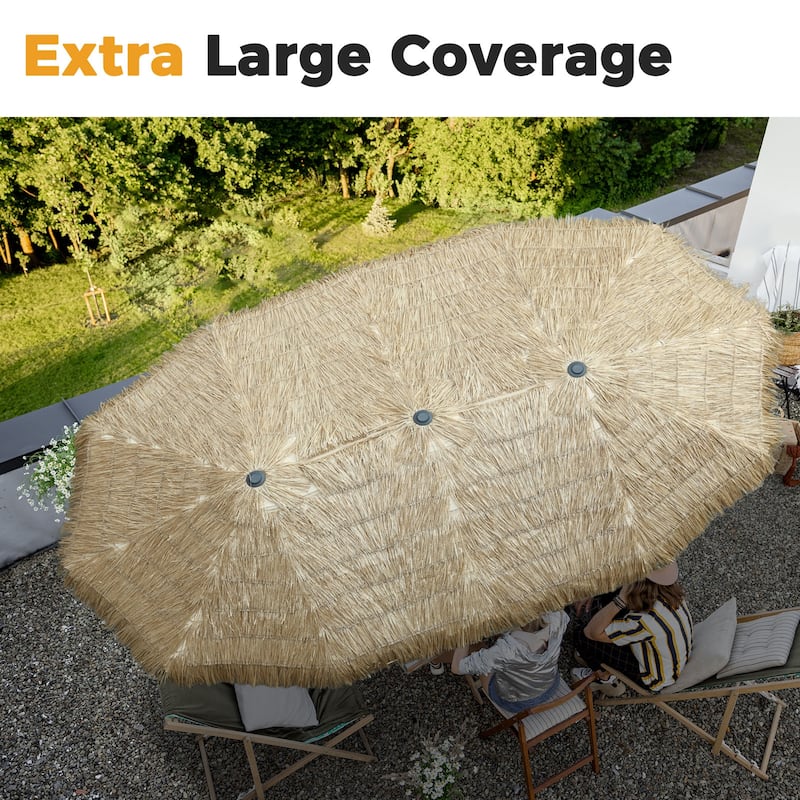 15 ft Tiki Thatched Umbrella with Sandbags Base, Hawaiian, Pool, Patio, Beach