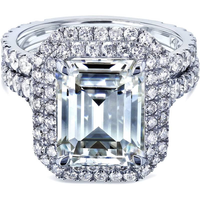 Annello by Kobelli 14K Gold Forever One Moissanite Emerald Double Halo Bridal Set (DEF/VS, GH/I)