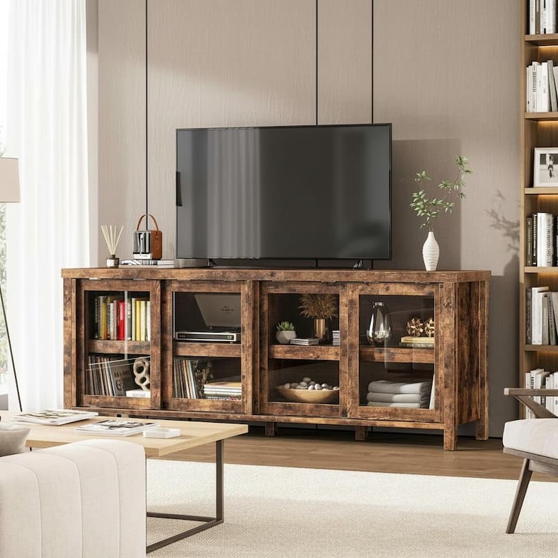 TV Stand, with 4 Sliding Glass Doors & Storage Cabinet - Retro Brown