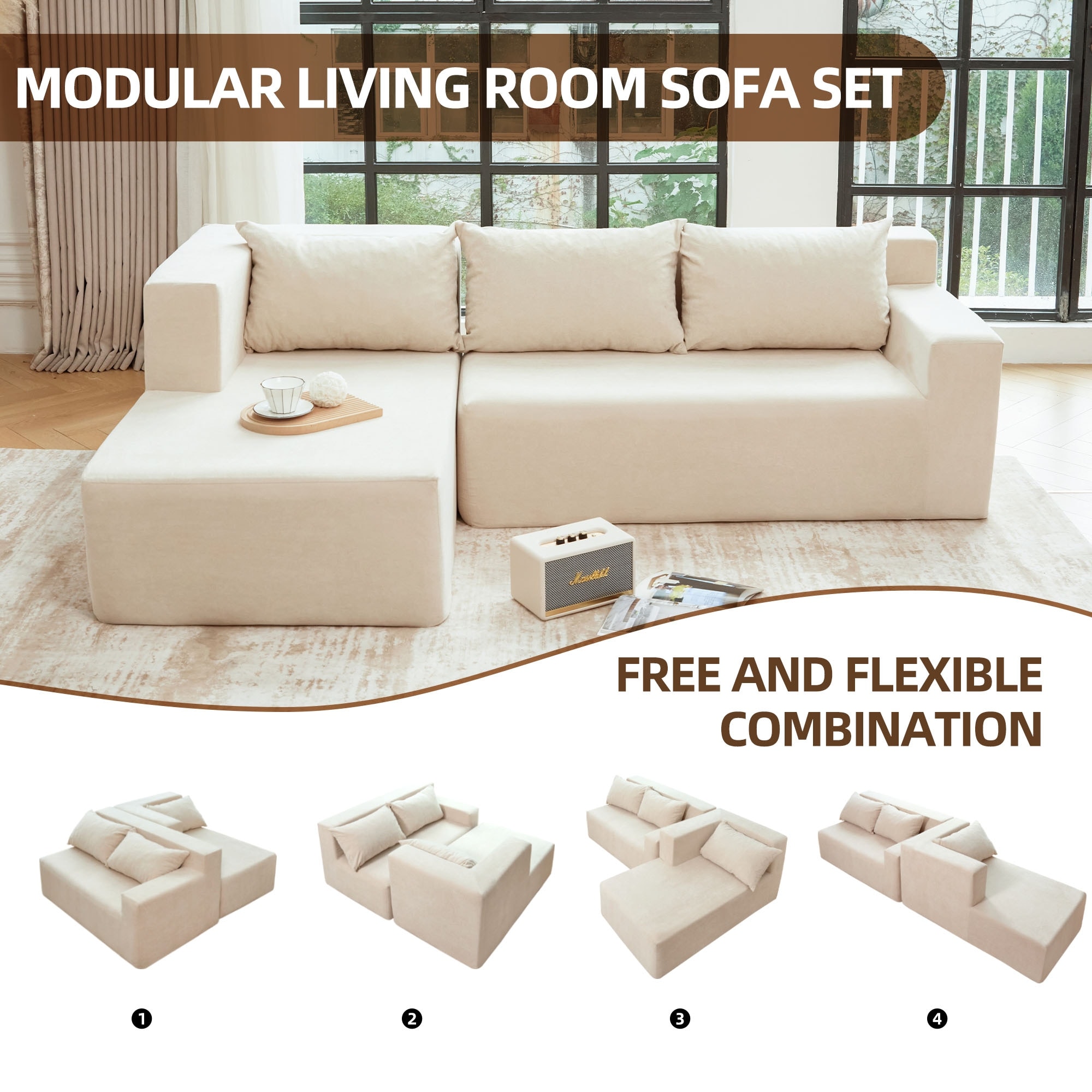 Khaki Modern Left L-Shaped Modular Sectional Sofa, Minimalist 2-Piece Foam Cloud Couch with Pillows, No Assembly Required