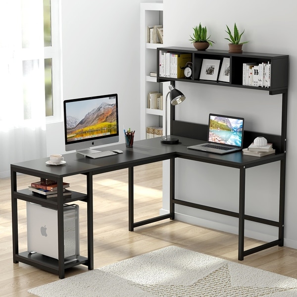 Large L-Shaped Computer Desk with Hutch and Storage shelves. Opens flyout.