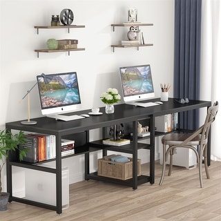 Two Person Desk with Bookshelf, Double Office Desk