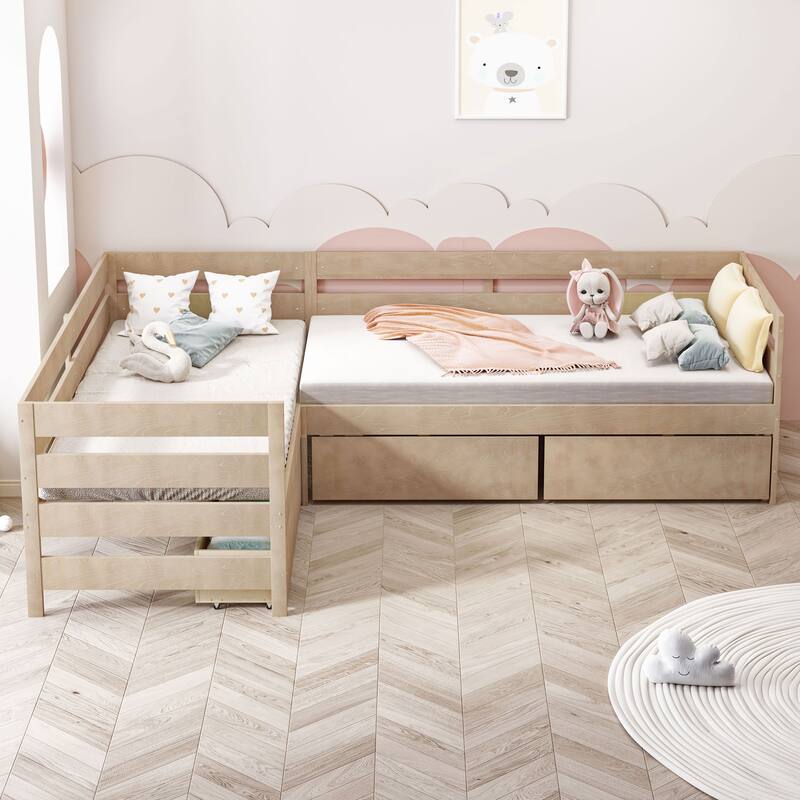 Twin Size L-shaped Platform Bed with Three Storage Drawers, Natural