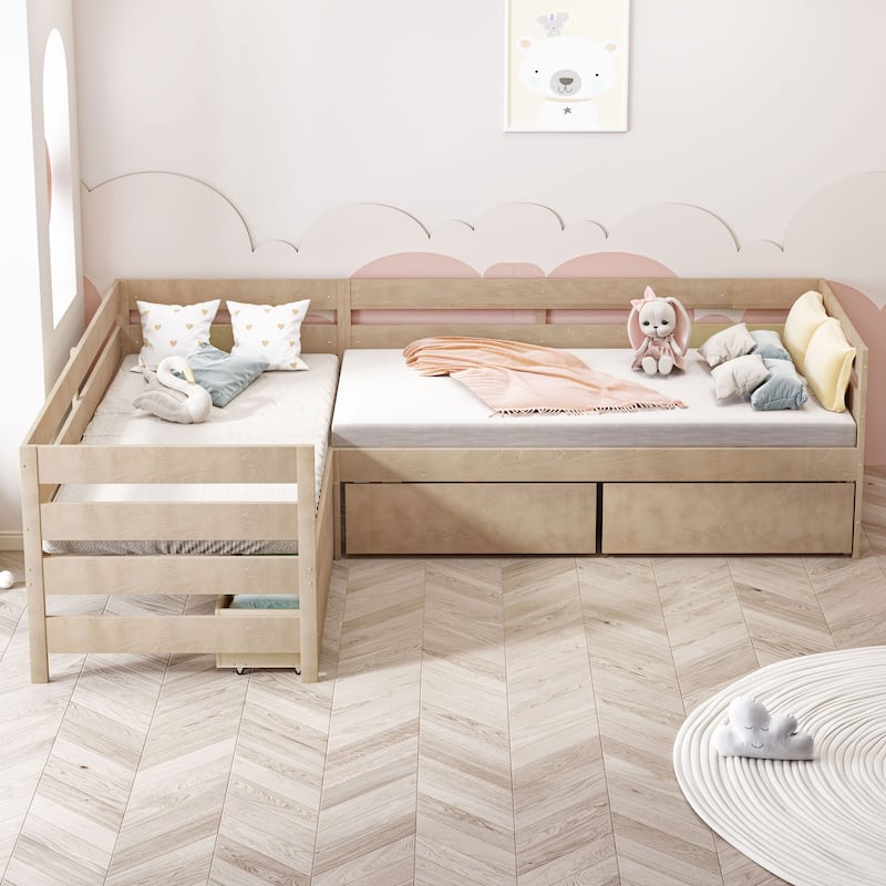 Twin Size L shaped Platform Bed with Three Storage Drawers