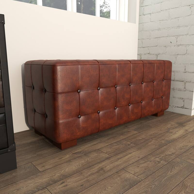 Brown Leather Tufted Upholstered Home Bench with Block Feet