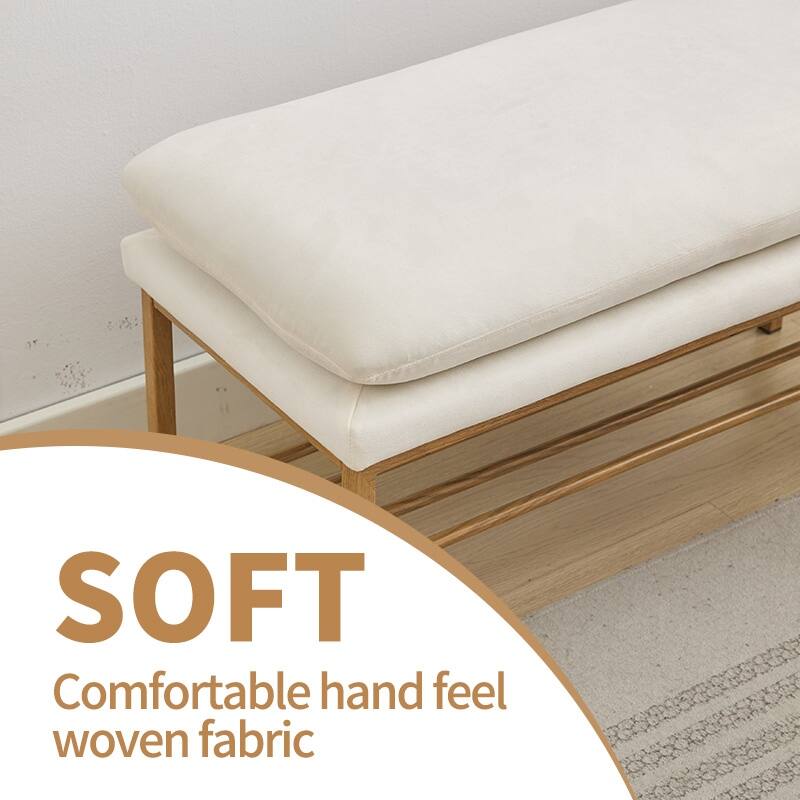 End of Bed Bench with Shelf, Linen Upholstered Storage Shoe Bench,Bedroom Bench with Metal Legs,300 LB