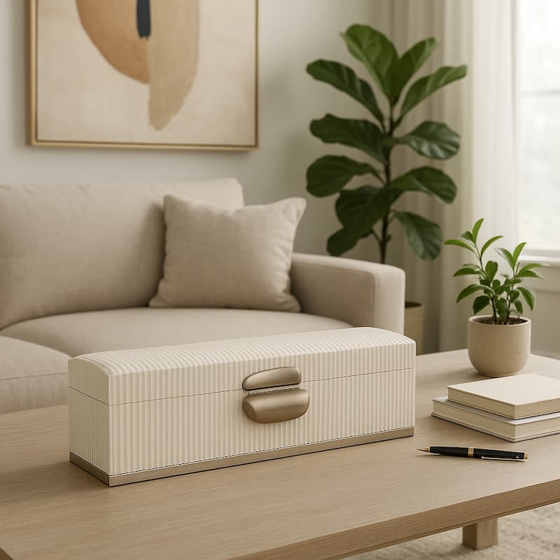 Modern Ribbed Keepsake Box with Metal Closure and Lid - 16.5", Cream - 16.25"