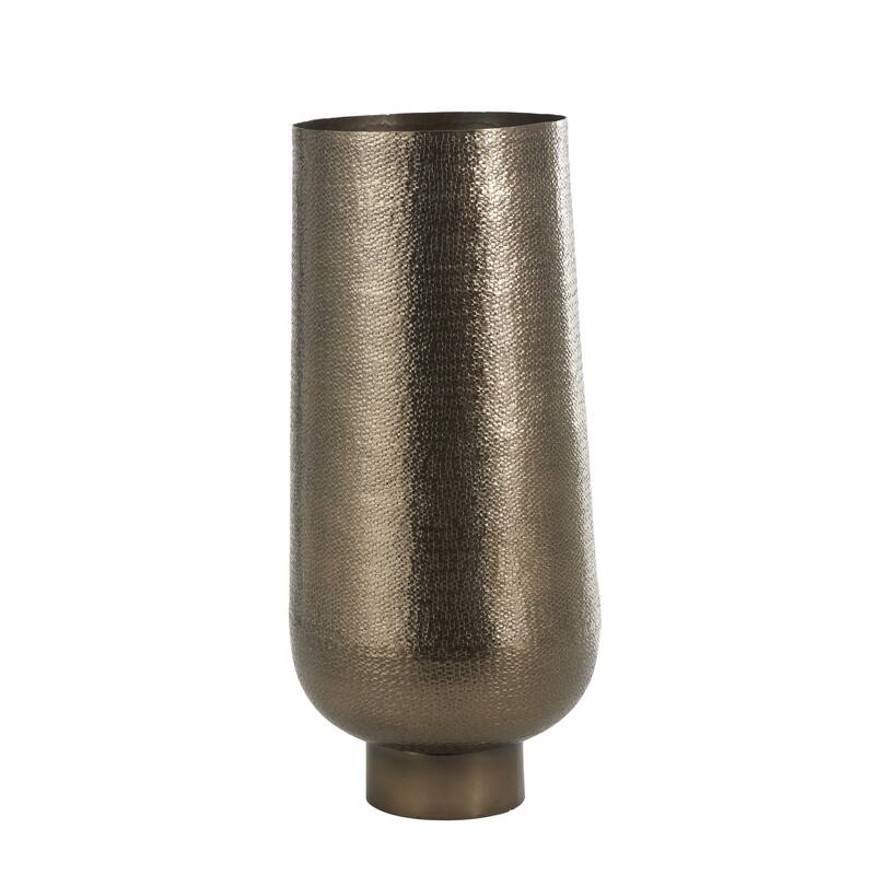 Brass Aluminum Metal Textured Wide Floor Geometric Decorative Vase with Elevated Base