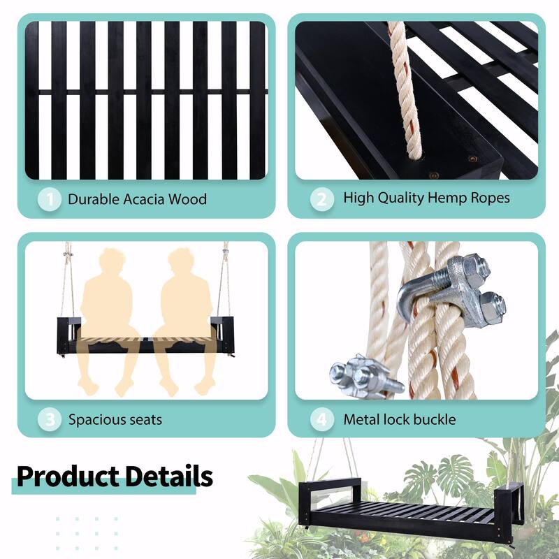 Twin Size Porch Swing Bed Seating Group, Patio Acacia Wood Swing Frame with Hemp Rope