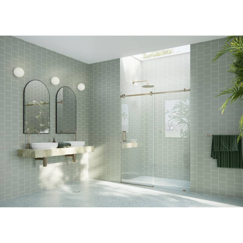 Glass Warehouse 64 in. x 78 in. Sliding Frameless Shower Door with Square Hardware - Brushed Bronze
