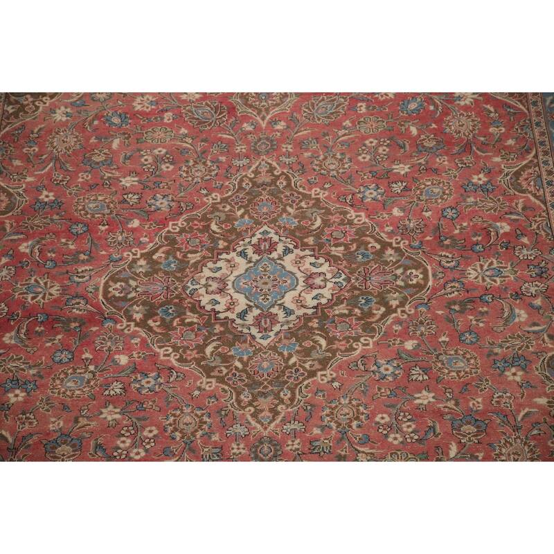 Hand Knotted Oriental 100% Wool Carpet Traditional Floral Pink Kashan Area Rug - 12' 11'' X 9' 7''