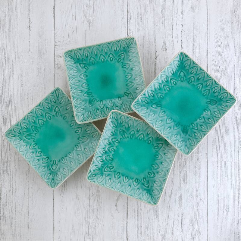 Euro Ceramica Peacock 4 Piece 6.5" Square Appetizer / Canape Plate Set in Lagoon - 6.5 in. x 6.5 in. x 0.8 in.